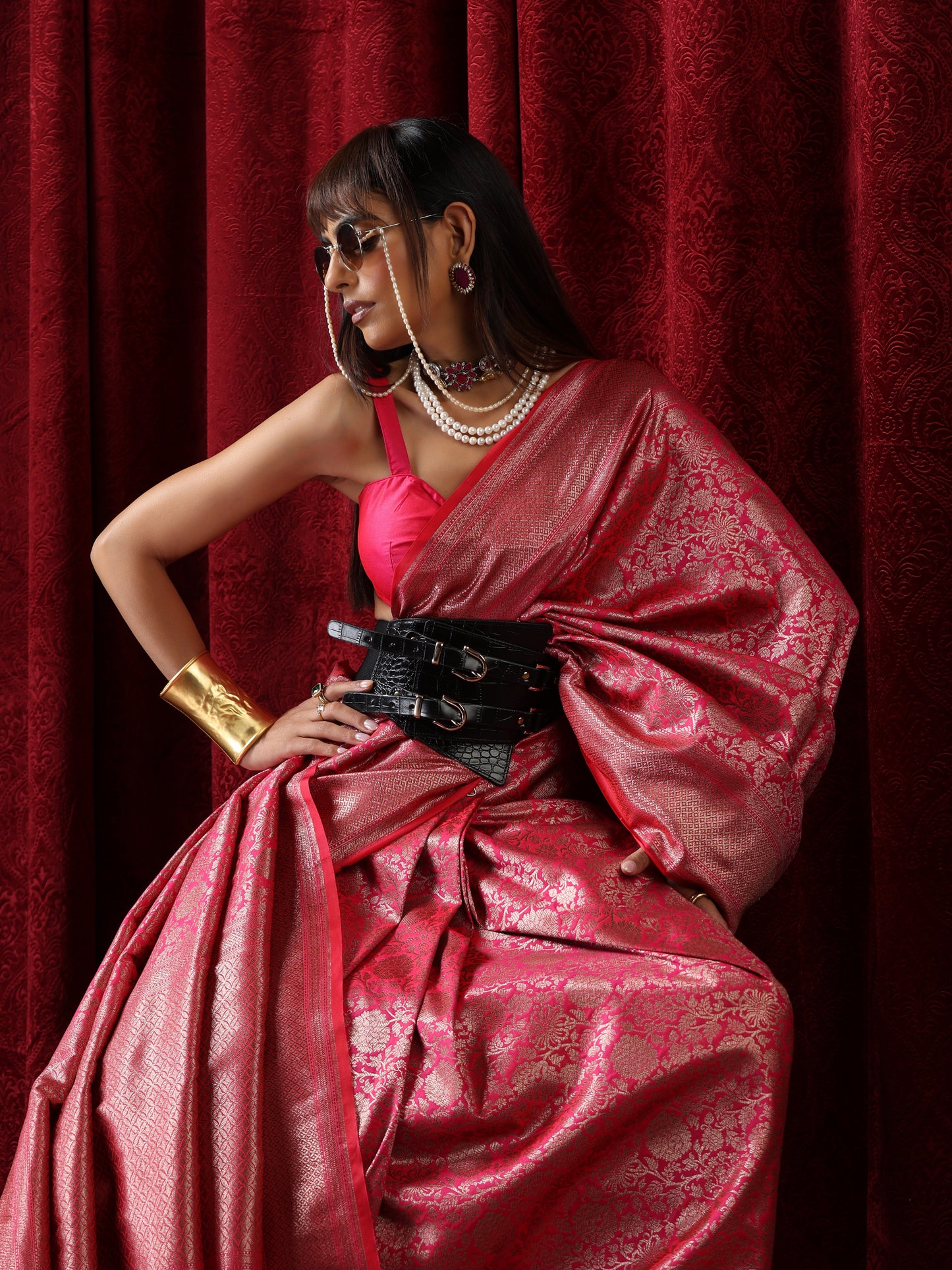 Dhiyona ST Banarasi Fuchsia Red Jaal Silk Saree with Blouse Fabric