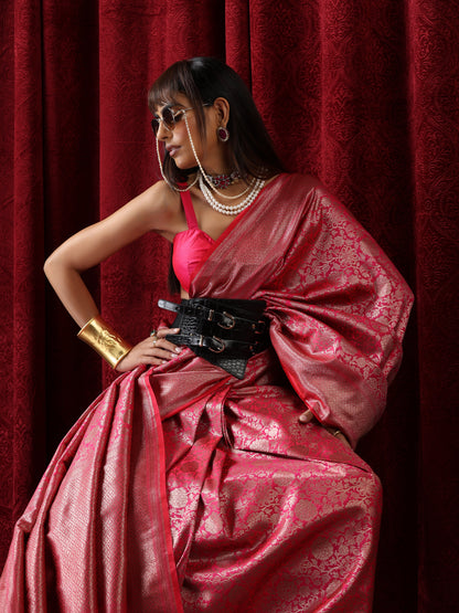Dhiyona ST Banarasi Fuchsia Red Jaal Silk Saree with Blouse Fabric