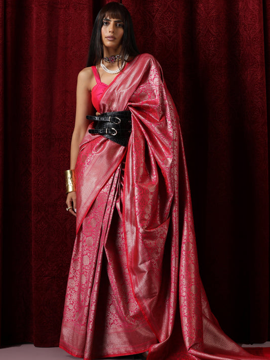 Dhiyona ST Banarasi Fuchsia Red Jaal Silk Saree with Blouse Fabric
