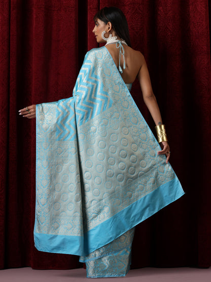 Dhiyona ST Pure Silk Blue Chevron Saree with Blouse Fabric