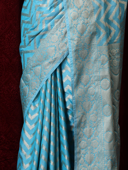 Dhiyona ST Pure Silk Blue Chevron Saree with Blouse Fabric