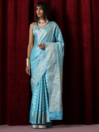 Dhiyona ST Pure Silk Blue Chevron Saree with Blouse Fabric