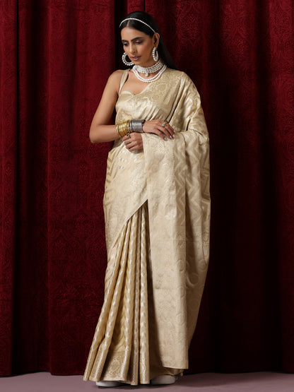 Dhiyona ST Pure Silk Cream Chevron Saree with Blouse Fabric