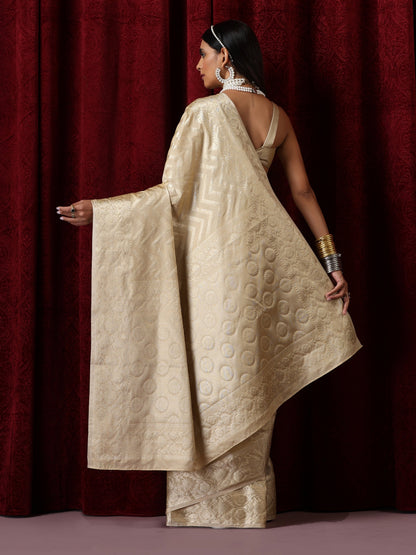 Dhiyona ST Pure Silk Cream Chevron Saree with Blouse Fabric