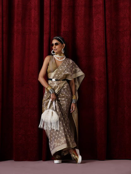 Dhiyona ST Scindia Grey Cotton Silk Dual Shade Saree with Blouse Fabric