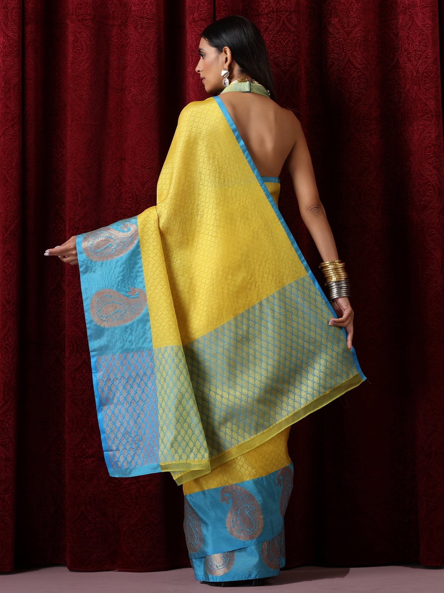 Dhiyona ST Yellow Jacquard Saree with Blue Border with Blouse Fabric