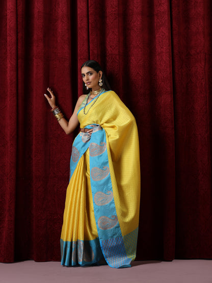 Dhiyona ST Yellow Jacquard Saree with Blue Border with Blouse Fabric