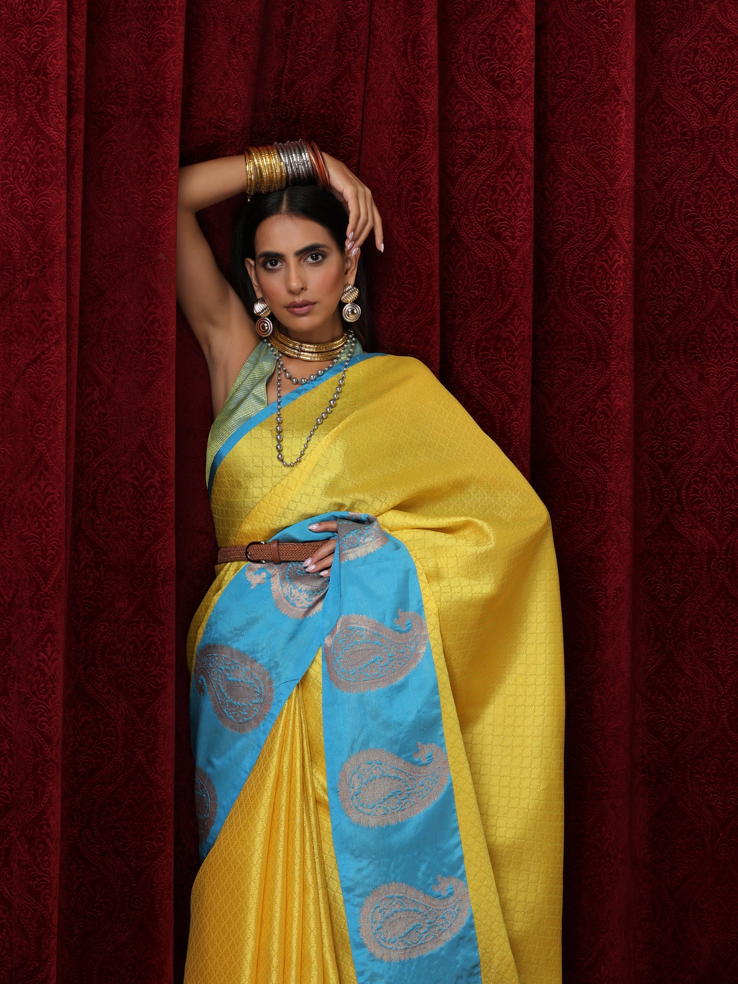 Dhiyona ST Yellow Jacquard Saree with Blue Border with Blouse Fabric