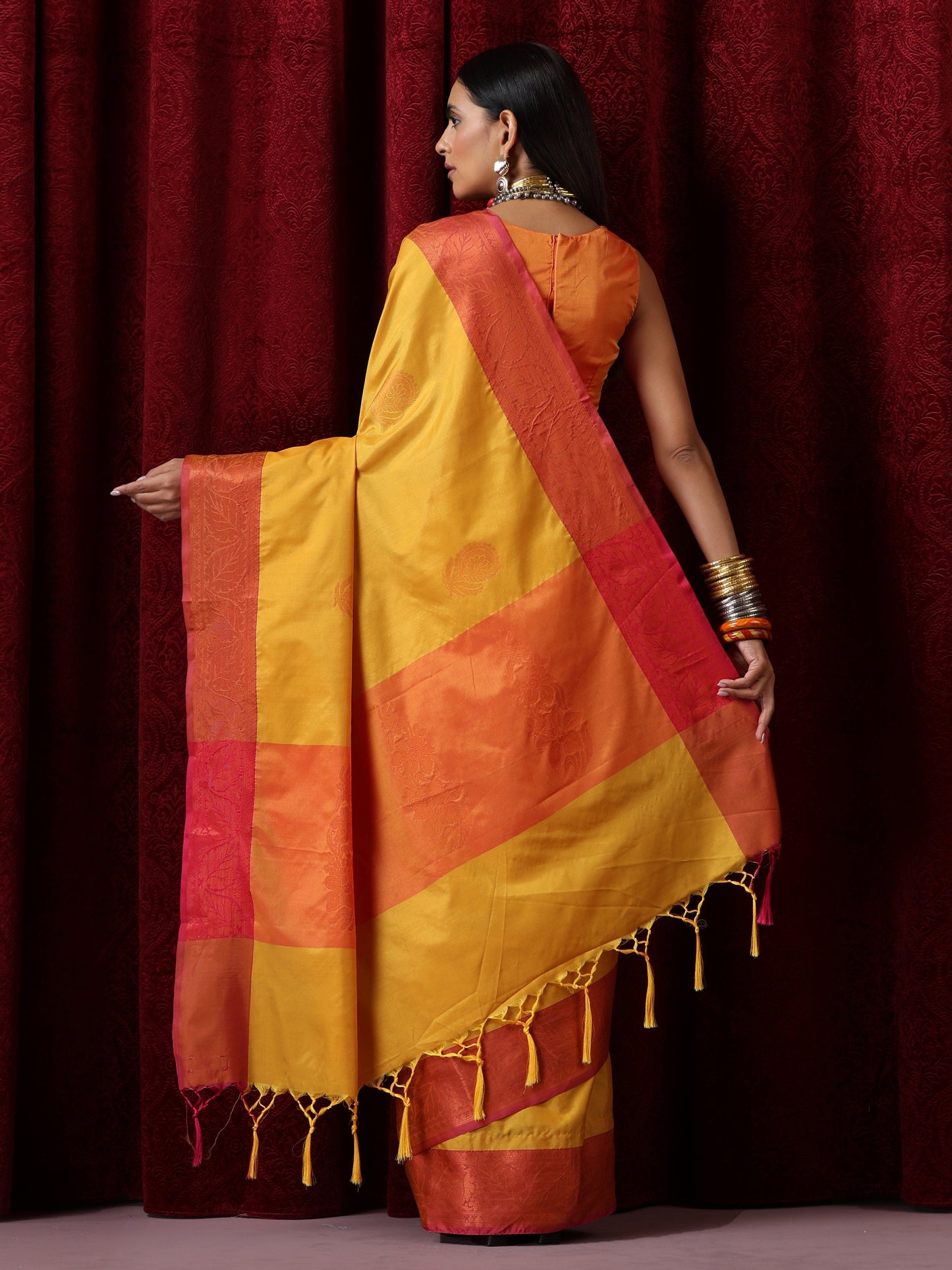 Dhiyona ST Yellow Red Blended Soft Silk Saree with Blouse Fabric