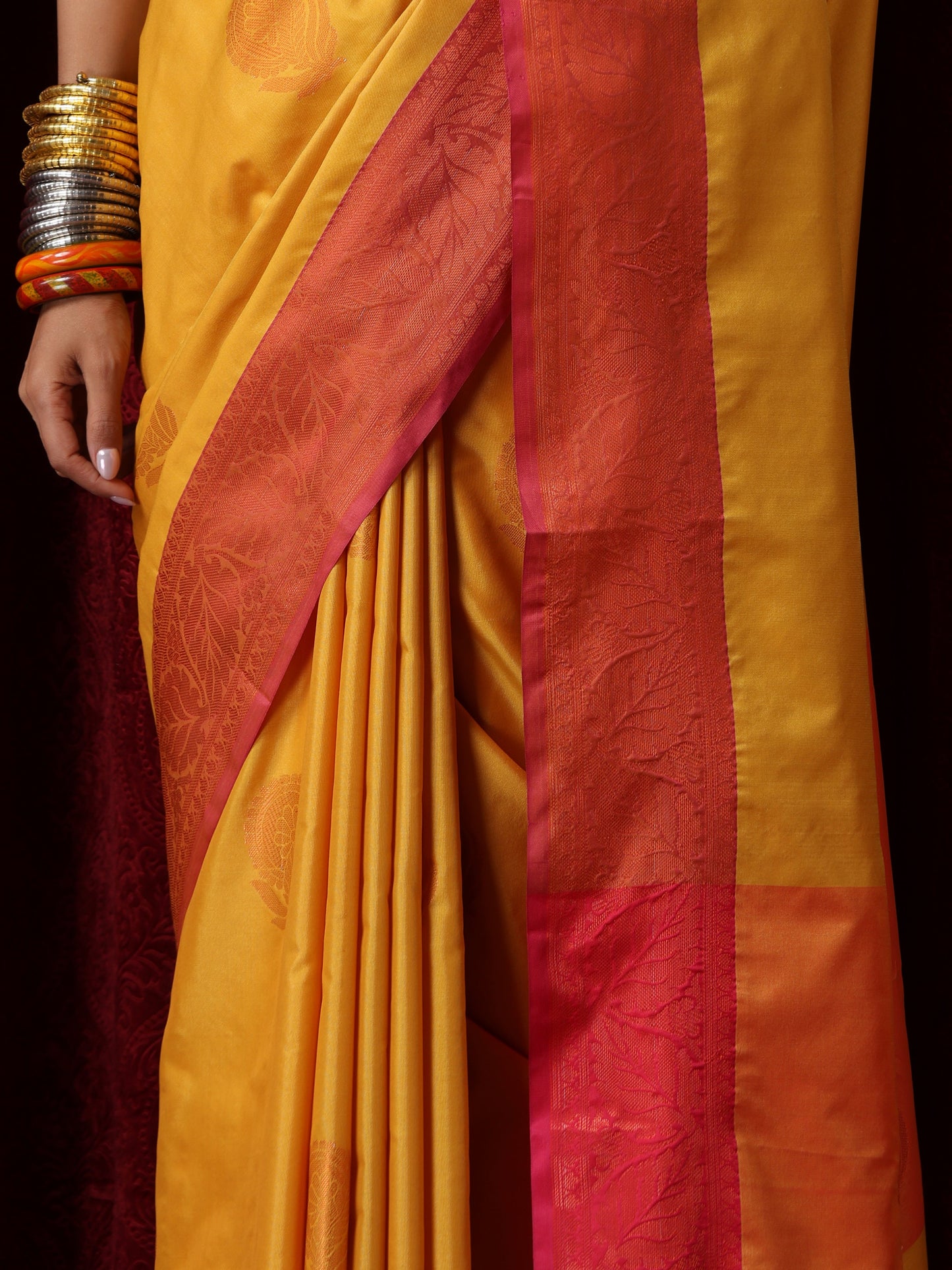 Dhiyona ST Yellow Red Blended Soft Silk Saree with Blouse Fabric