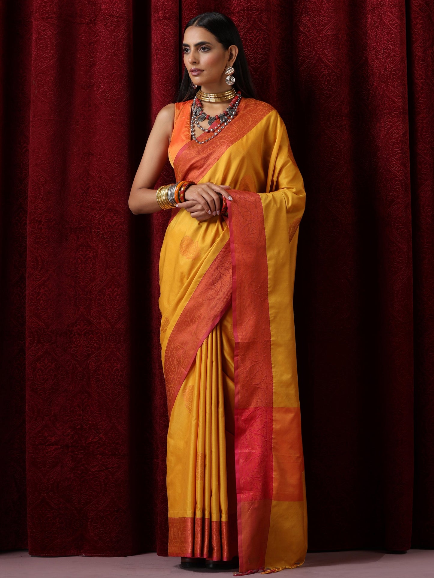 Dhiyona ST Yellow Red Blended Soft Silk Saree with Blouse Fabric
