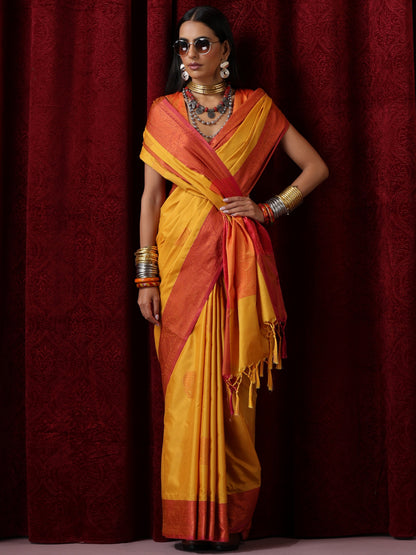 Dhiyona ST Yellow Red Blended Soft Silk Saree with Blouse Fabric