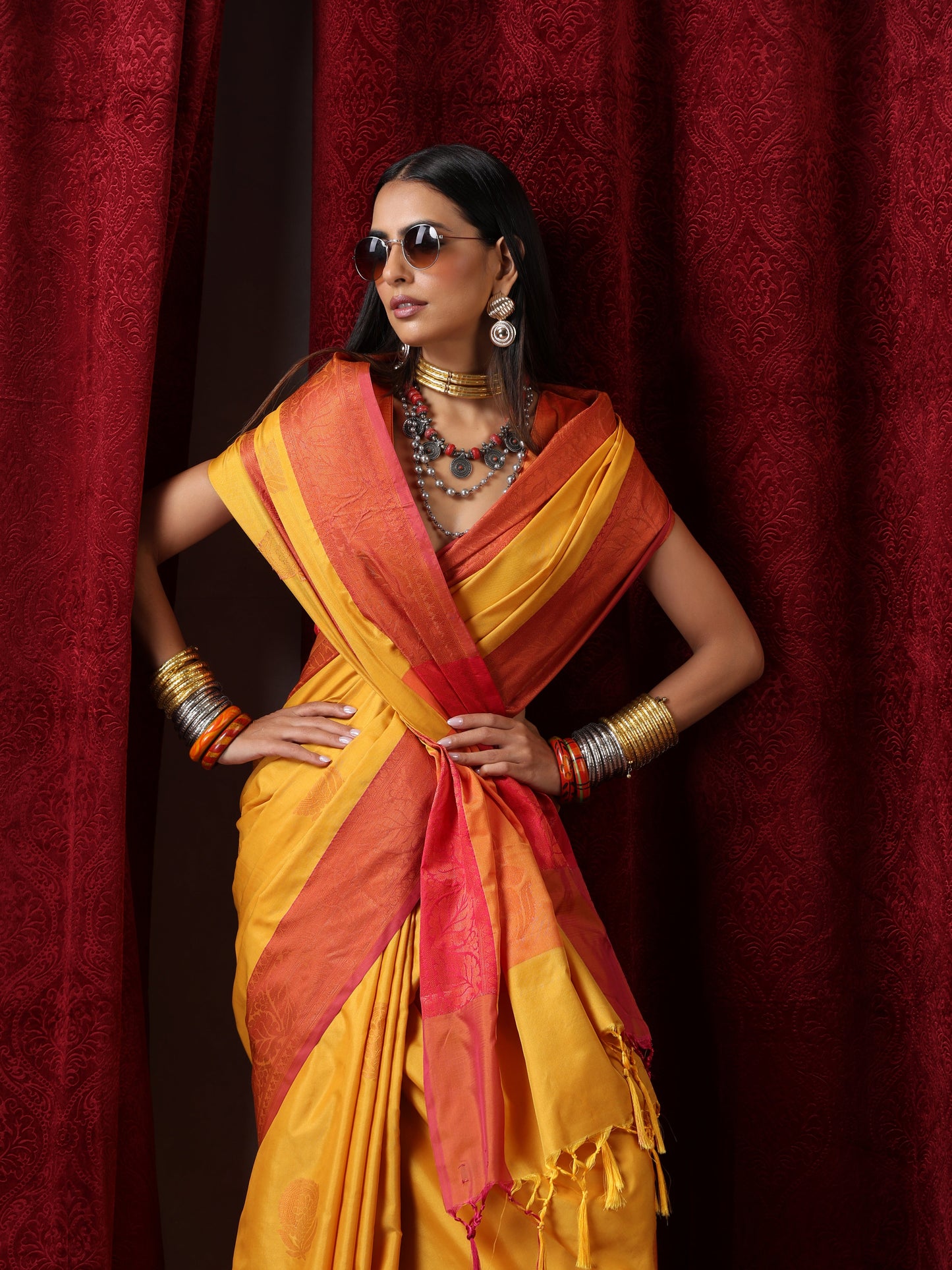 Dhiyona ST Yellow Red Blended Soft Silk Saree with Blouse Fabric