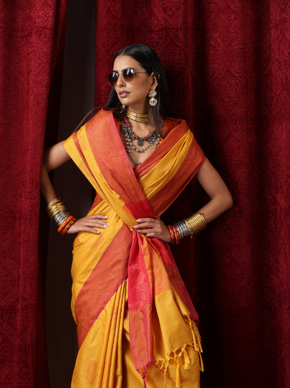 Dhiyona ST Yellow Red Blended Soft Silk Saree with Blouse Fabric