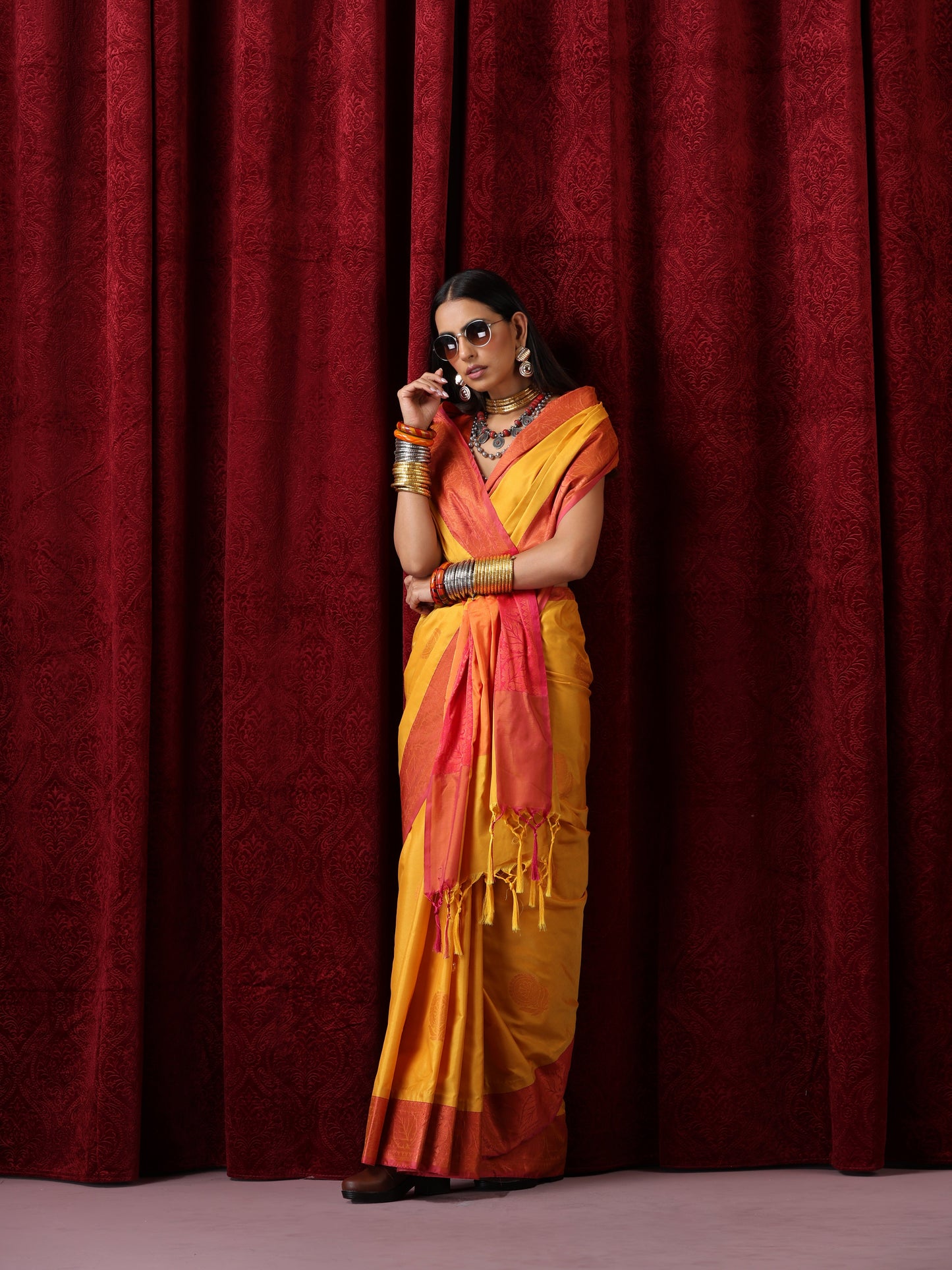 Dhiyona ST Yellow Red Blended Soft Silk Saree with Blouse Fabric
