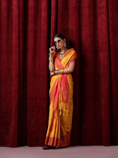 Dhiyona ST Yellow Red Blended Soft Silk Saree with Blouse Fabric