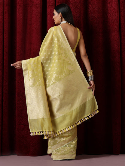 Dhiyona ST Gayatri Devi Lime Yellow Cotton Silk Dual Shade Saree with Blouse Fabric