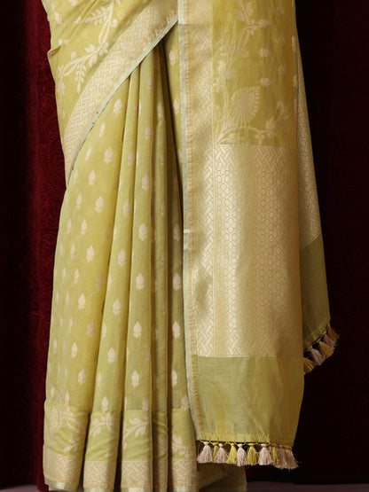 Dhiyona ST Gayatri Devi Lime Yellow Cotton Silk Dual Shade Saree with Blouse Fabric