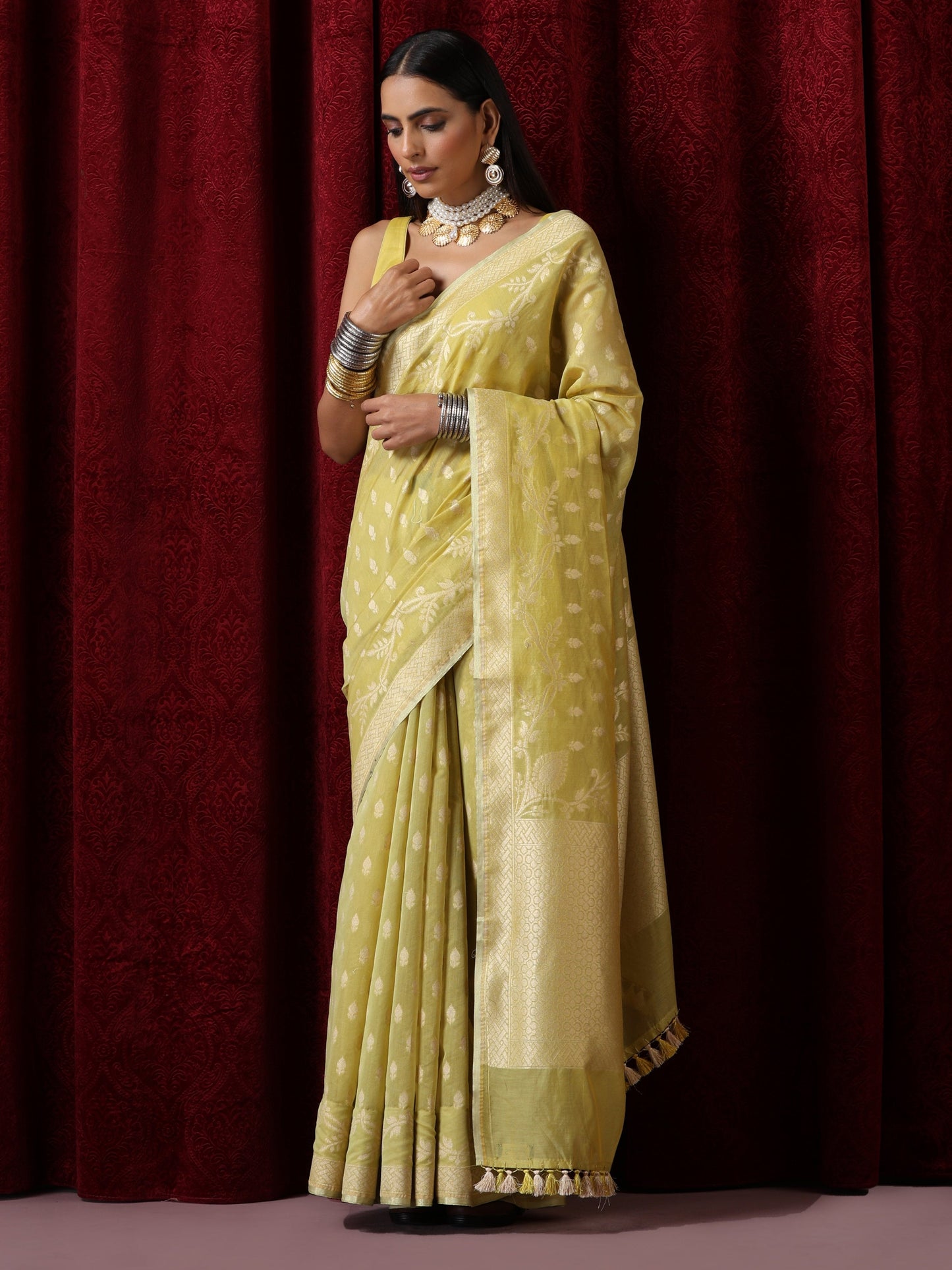 Dhiyona ST Gayatri Devi Lime Yellow Cotton Silk Dual Shade Saree with Blouse Fabric