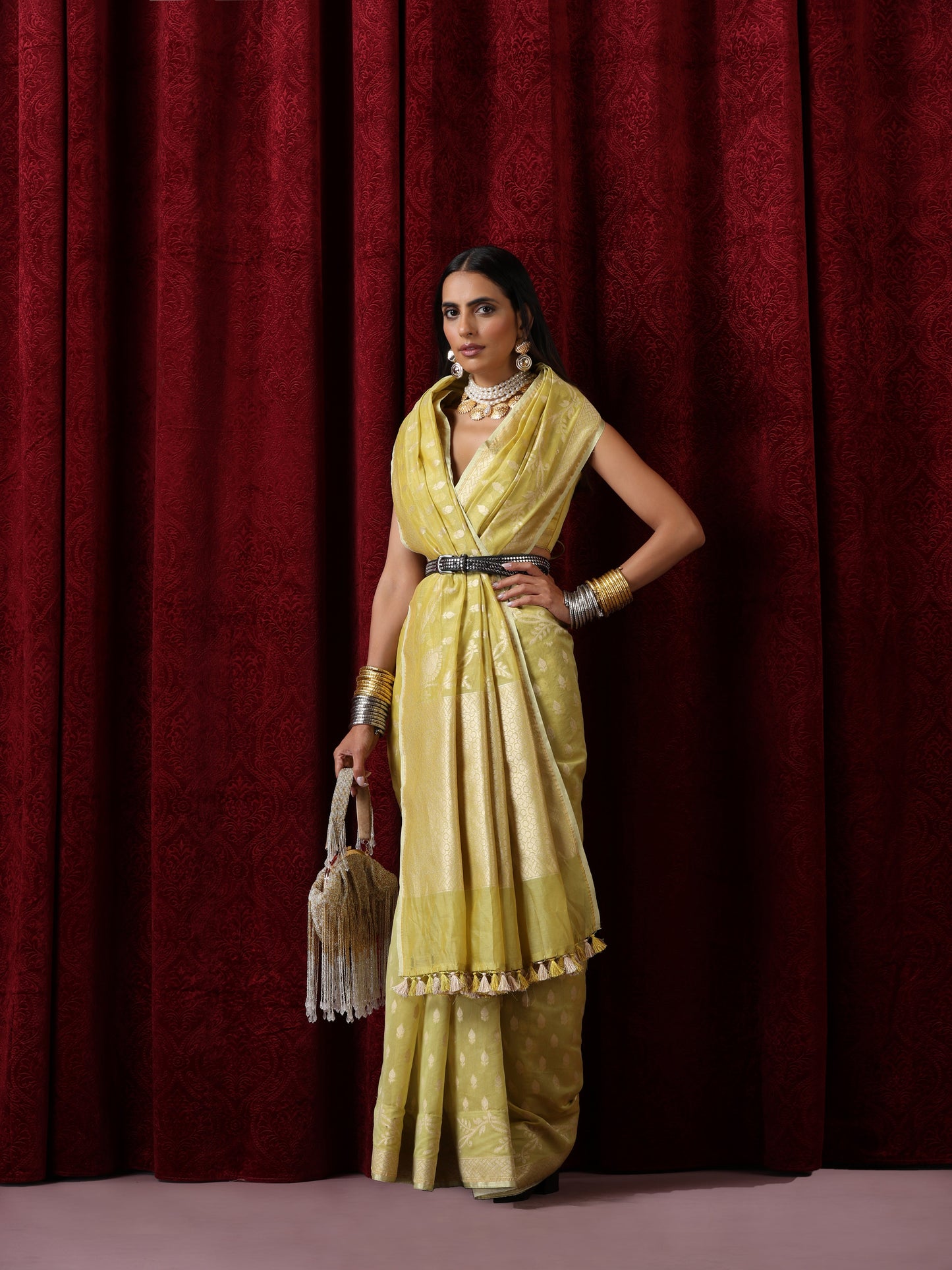 Dhiyona ST Gayatri Devi Lime Yellow Cotton Silk Dual Shade Saree with Blouse Fabric