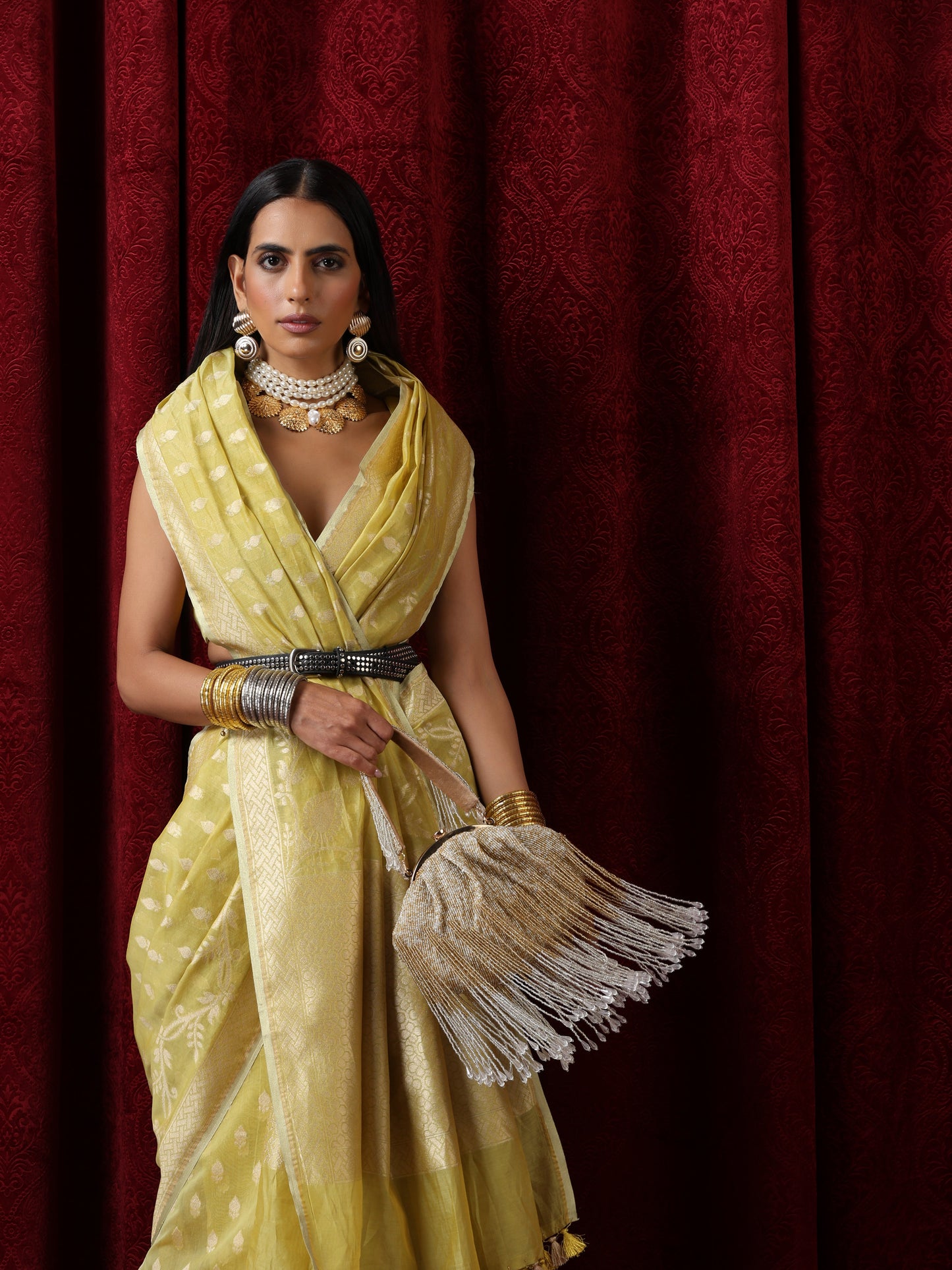 Dhiyona ST Gayatri Devi Lime Yellow Cotton Silk Dual Shade Saree with Blouse Fabric