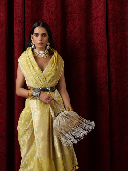 Dhiyona ST Gayatri Devi Lime Yellow Cotton Silk Dual Shade Saree with Blouse Fabric