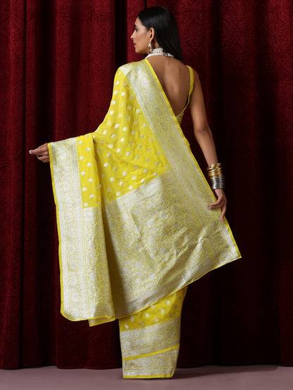 Dhiyona ST Yellow and Silver Pure Georgette Saree with Blouse Fabric