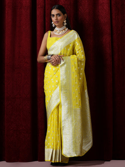 Dhiyona ST Yellow and Silver Pure Georgette Saree with Blouse Fabric