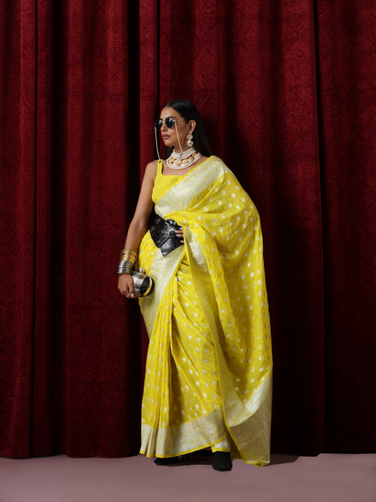 Dhiyona ST Yellow and Silver Pure Georgette Saree with Blouse Fabric