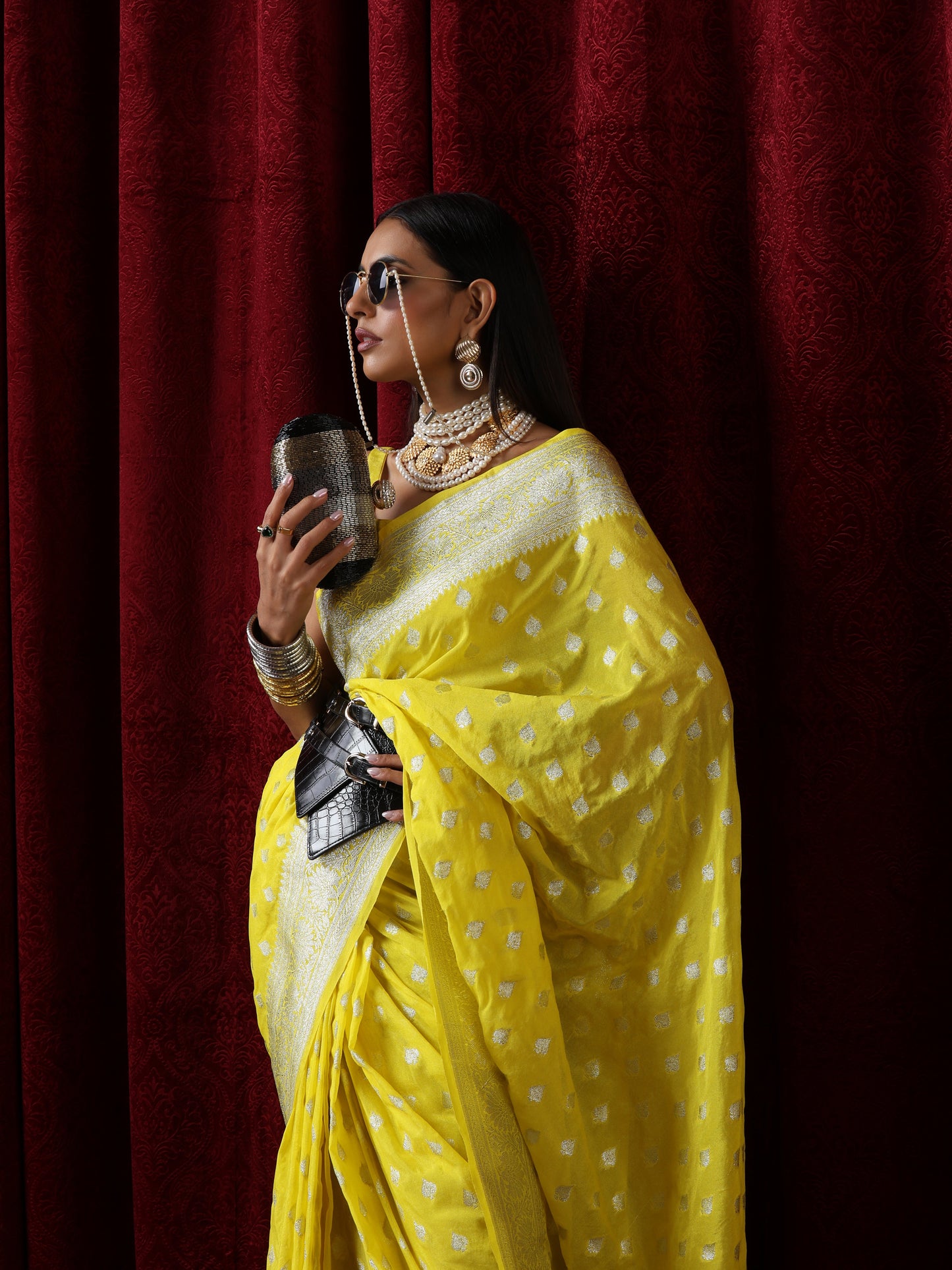 Dhiyona ST Yellow and Silver Pure Georgette Saree with Blouse Fabric