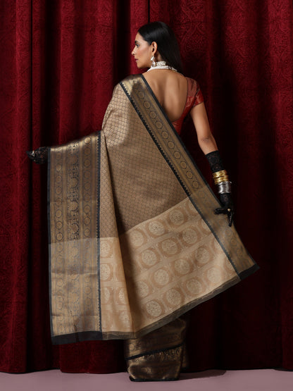 Dhiyona ST Beige Jacquard Saree with Black Border with Blouse Fabric