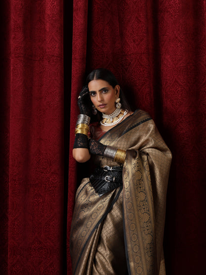 Dhiyona ST Beige Jacquard Saree with Black Border with Blouse Fabric