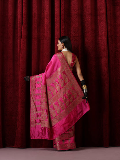 Dhiyona ST Banarasi Meena Kari Pink Pure Silk Saree with Blouse Fabric