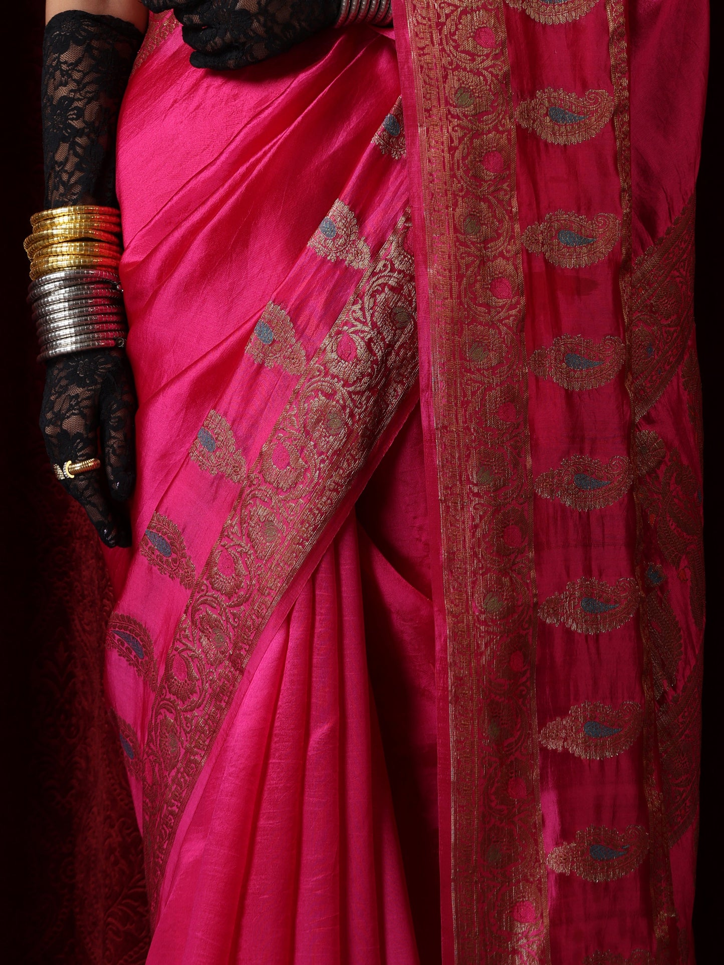 Dhiyona ST Banarasi Meena Kari Pink Pure Silk Saree with Blouse Fabric