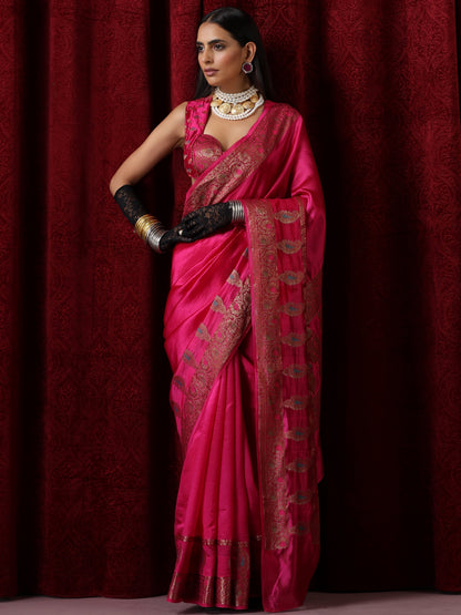 Dhiyona ST Banarasi Meena Kari Pink Pure Silk Saree with Blouse Fabric