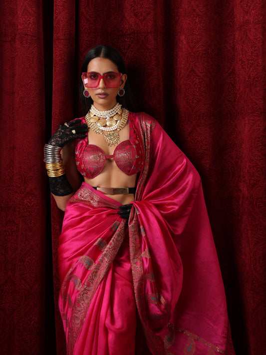 Dhiyona ST Banarasi Meena Kari Pink Pure Silk Saree with Blouse Fabric