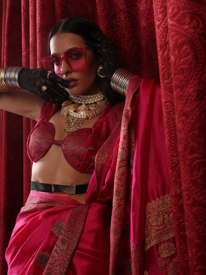 Dhiyona ST Banarasi Meena Kari Pink Pure Silk Saree with Blouse Fabric