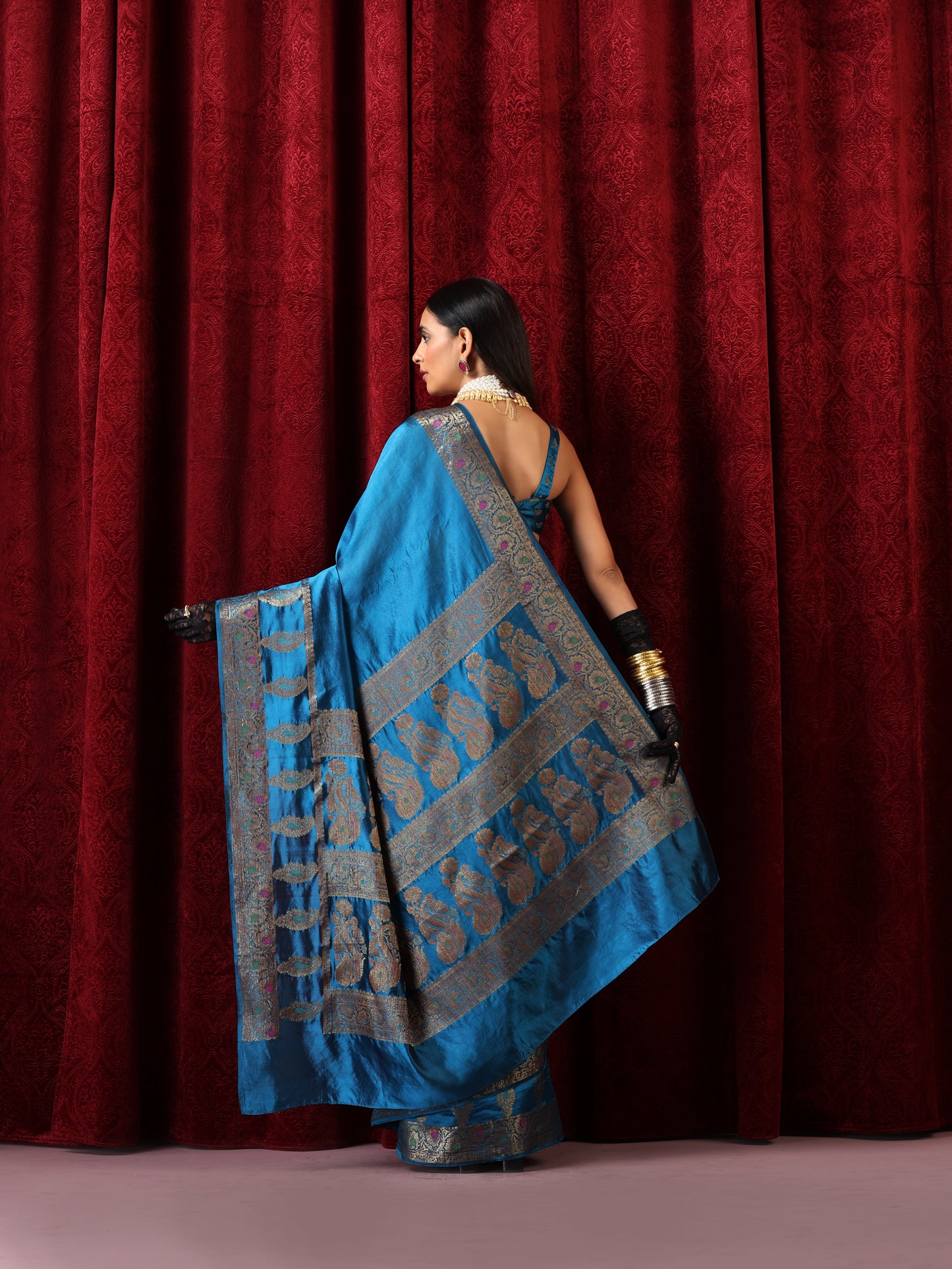Dhiyona ST Banarasi Meena Kari Blue Pure Silk Saree with Blouse Fabric