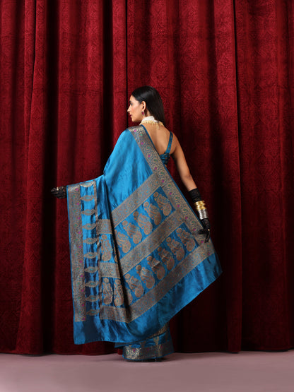 Dhiyona ST Banarasi Meena Kari Blue Pure Silk Saree with Blouse Fabric