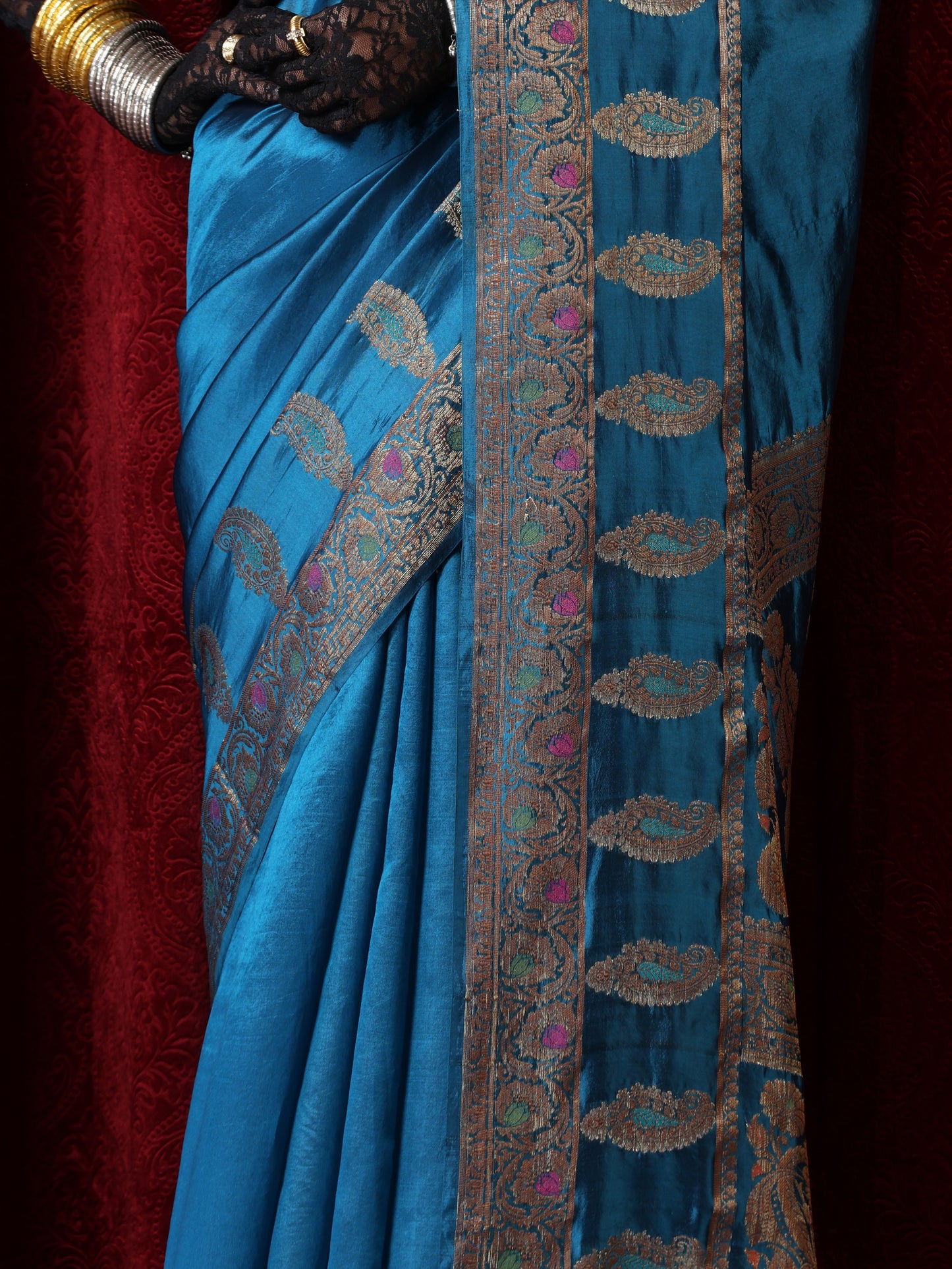 Dhiyona ST Banarasi Meena Kari Blue Pure Silk Saree with Blouse Fabric