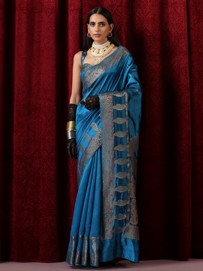 Dhiyona ST Banarasi Meena Kari Blue Pure Silk Saree with Blouse Fabric