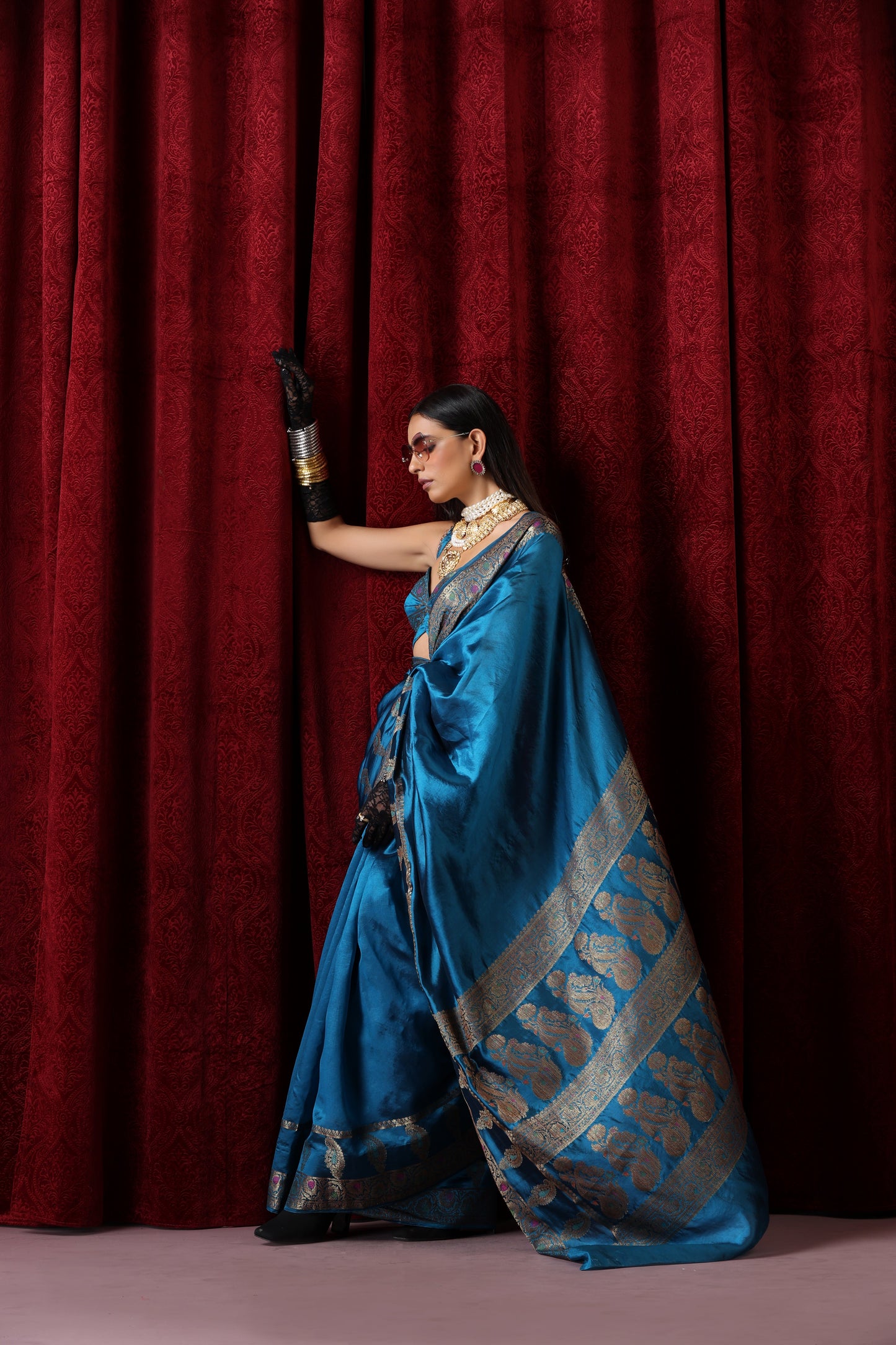 Dhiyona ST Banarasi Meena Kari Blue Pure Silk Saree with Blouse Fabric