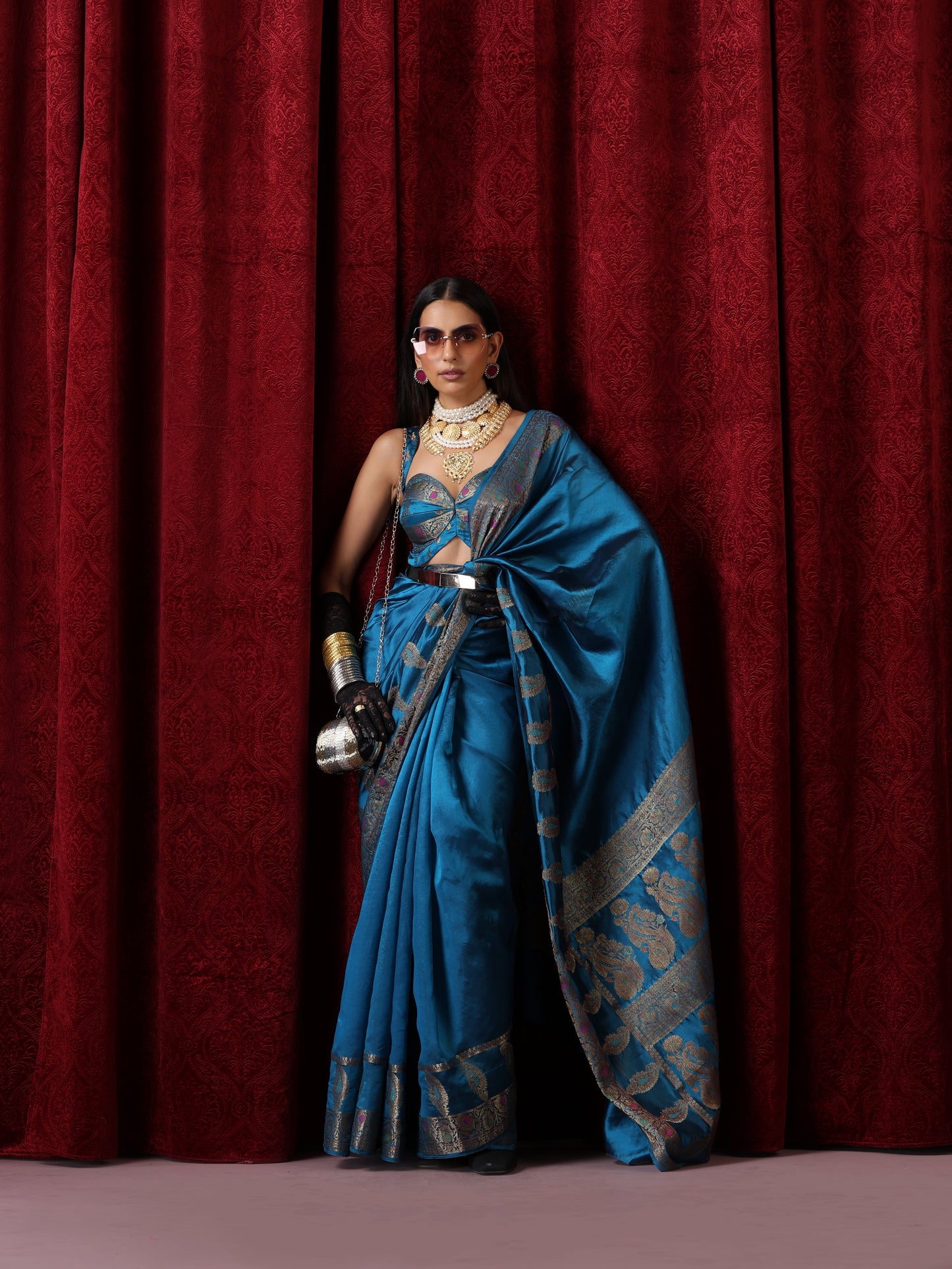 Dhiyona ST Banarasi Meena Kari Blue Pure Silk Saree with Blouse Fabric