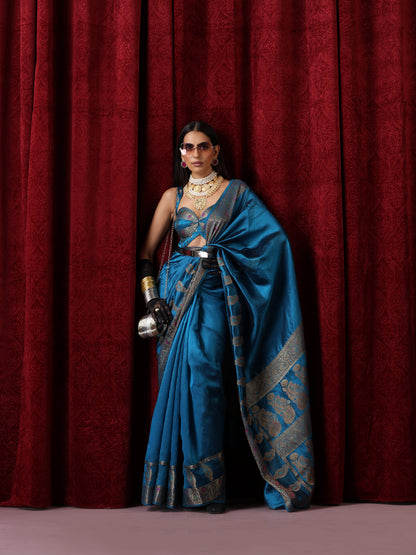 Dhiyona ST Banarasi Meena Kari Blue Pure Silk Saree with Blouse Fabric