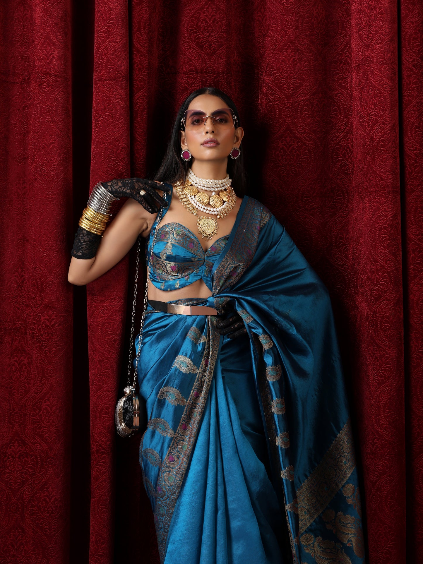 Dhiyona ST Banarasi Meena Kari Blue Pure Silk Saree with Blouse Fabric