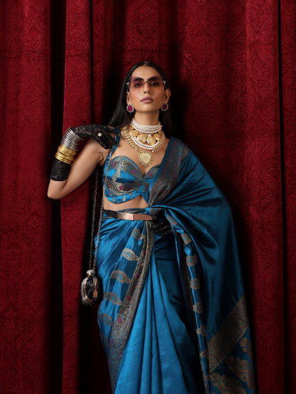 Dhiyona ST Banarasi Meena Kari Blue Pure Silk Saree with Blouse Fabric