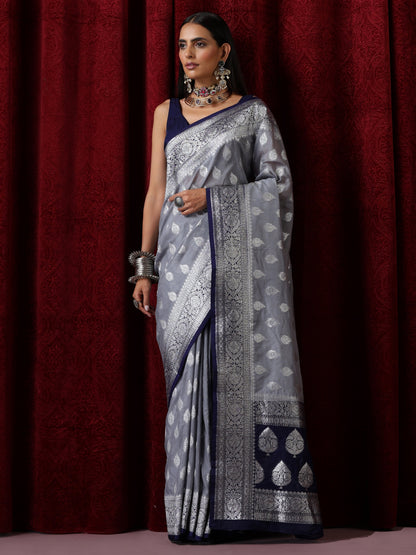 Dhiyona ST Blue and Silver Georgette Silk Saree with Blouse Fabric
