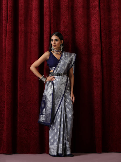 Dhiyona ST Blue and Silver Georgette Silk Saree with Blouse Fabric