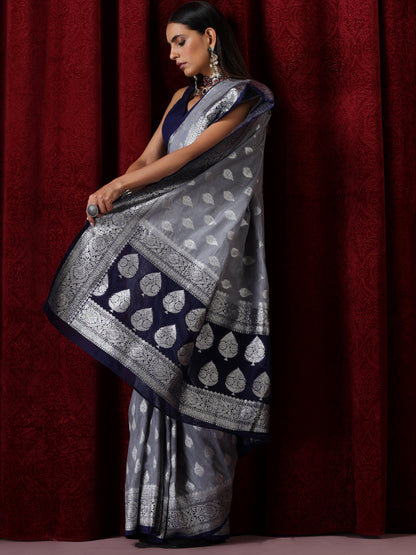 Dhiyona ST Blue and Silver Georgette Silk Saree with Blouse Fabric