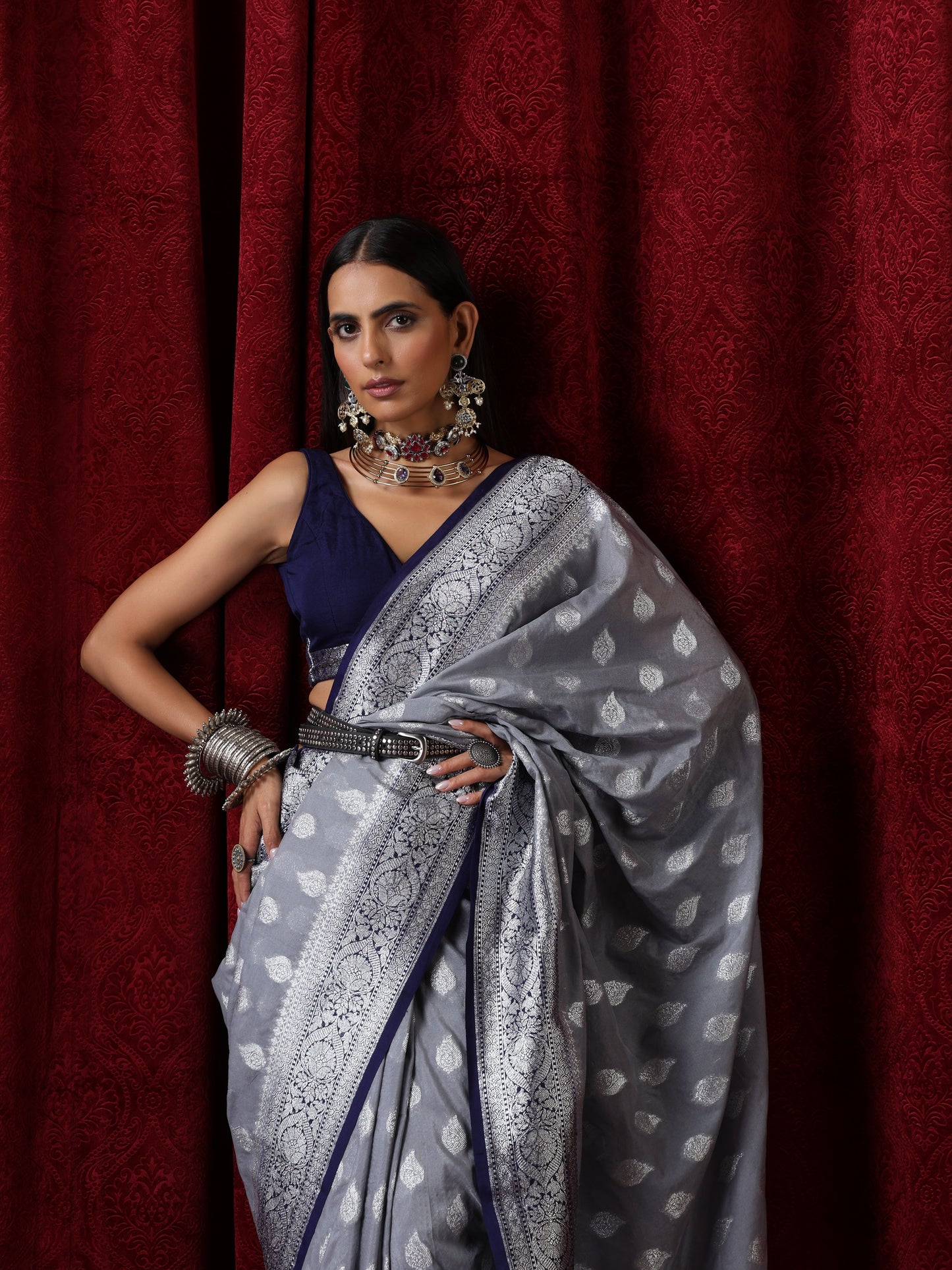 Dhiyona ST Blue and Silver Georgette Silk Saree with Blouse Fabric